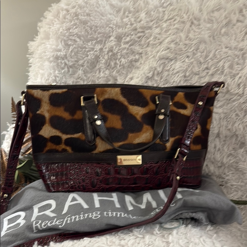 SOLD
Brahmin Brown Shoulder Bag with Leopard Print and Gold Accents